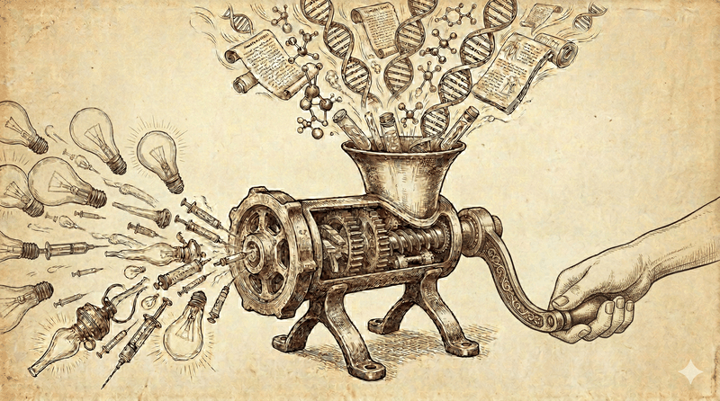 A Leonardo da Vinci-style illustration of a fantastical machine grinding scientific data into bright ideas